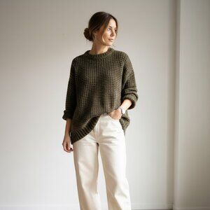 Olive Chenille Oversized Sweater | Cozy Minimalist Soft Knit Pullover | Size S